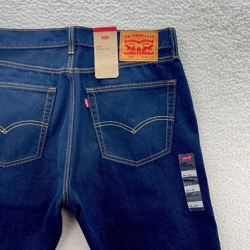 Levis  505 Jeans Mens 36x32 Blue Regular Straight Dark Wash Denim Cowboy NEW
